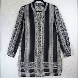 INC Black and White Patterned Long Sleeve Dress